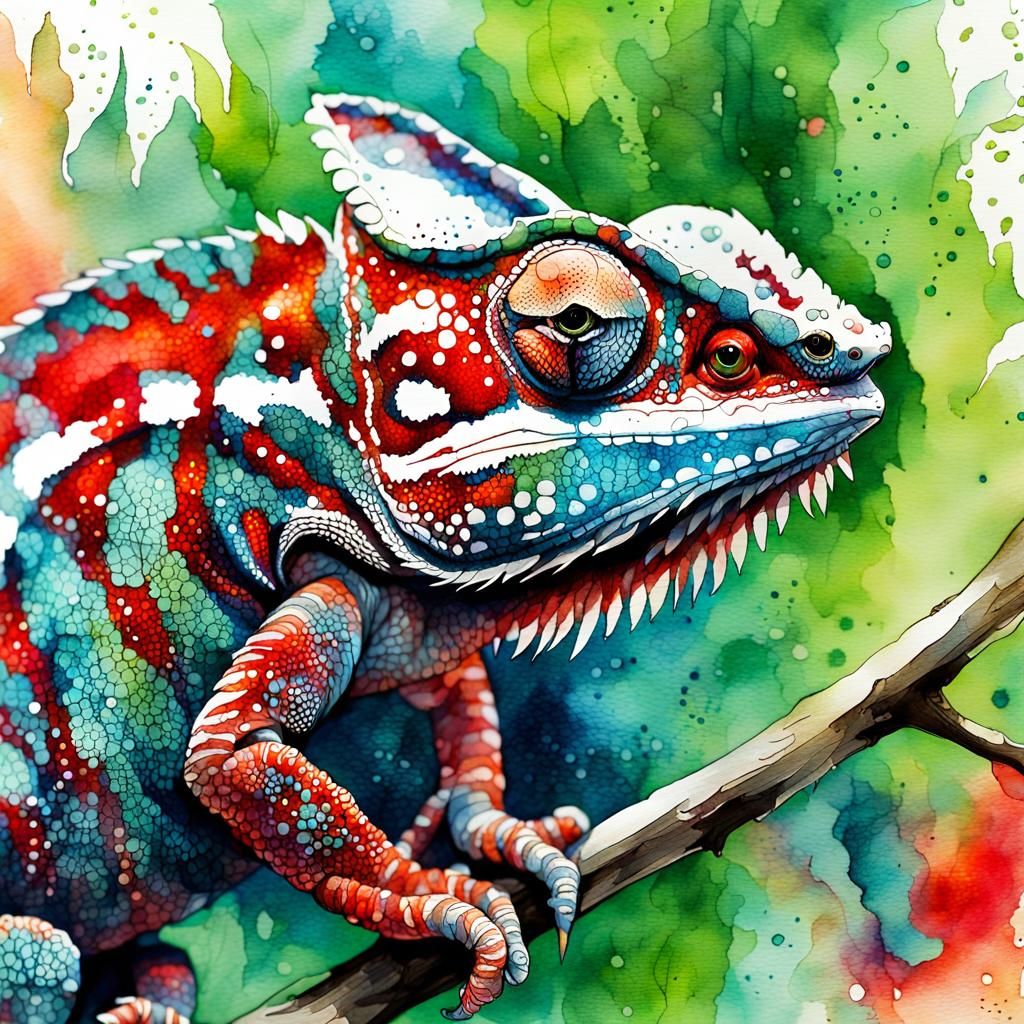 Colorful Chameleon on Branch, Watercolour Illustration