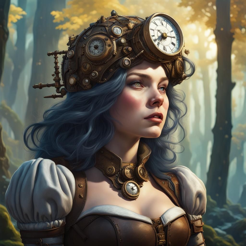 Steampunk Snow White Dwarf in Hyperrealistic Forest