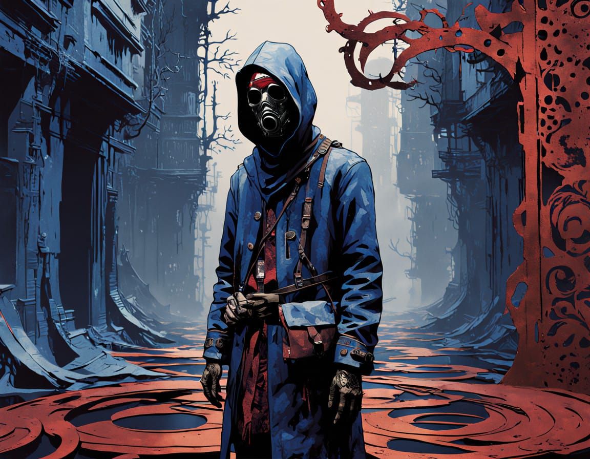 Surrealist Vagrant Amidst Twisted Metallic Filigree