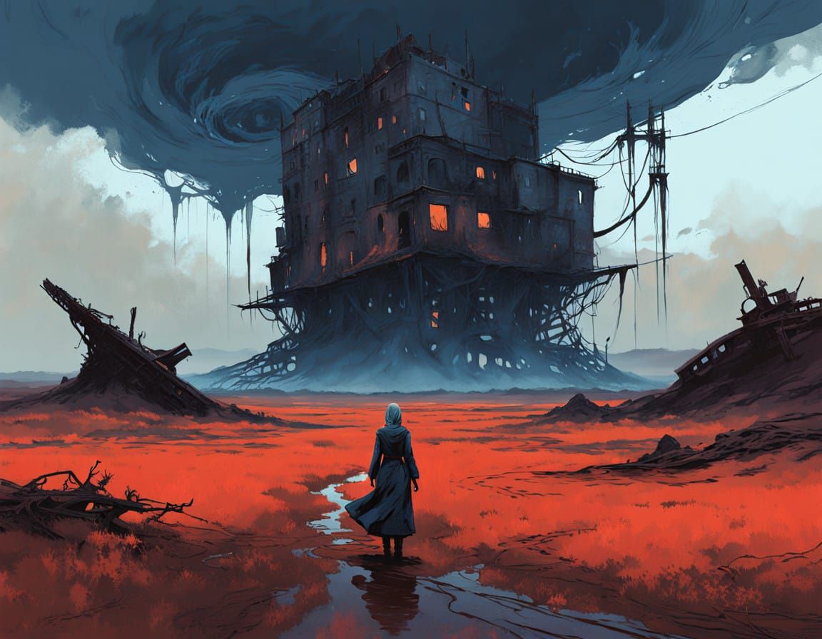 Mysterious Nomad in a Haunting, Crimson Landscape