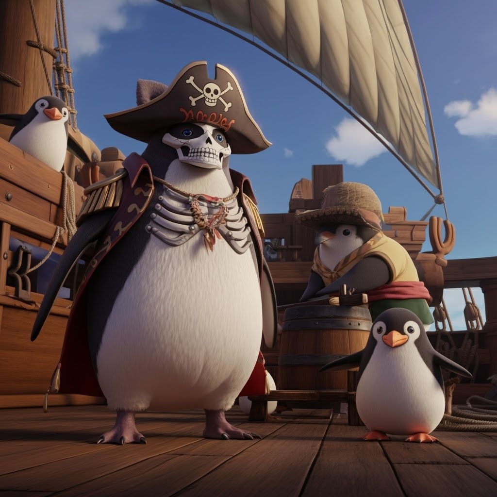 Penguin Pirate Captain and Shipwright Crew in 3D Anime Style