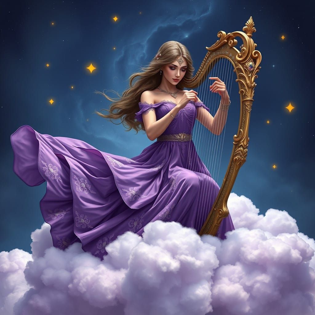 Majestic Lady on Celestial Clouds, Playing Harp in Dreamy, P...