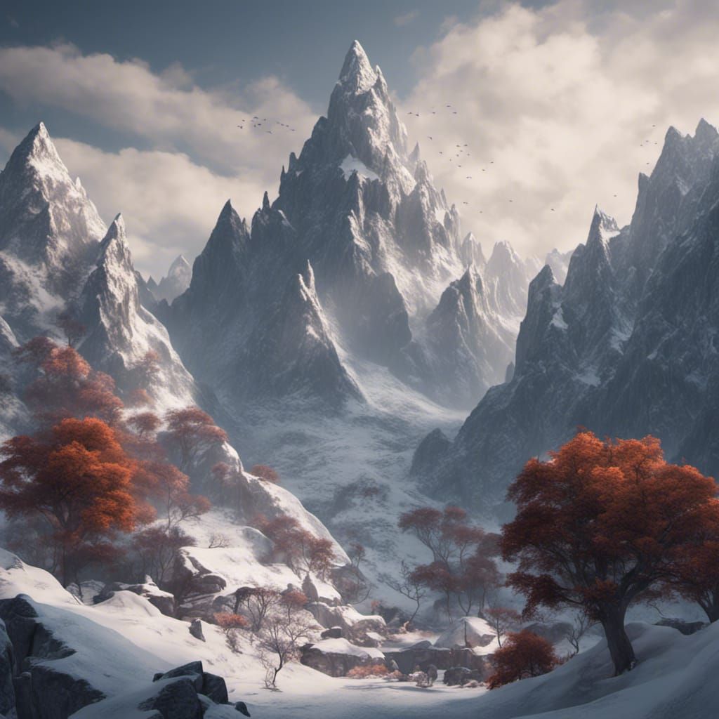 Snowy Mountains: Detailed Matte Painting in Deep Color