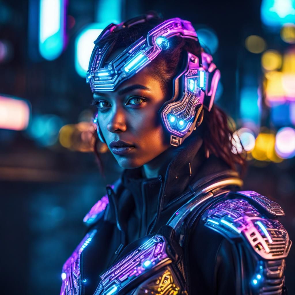 Cyborg Girl Portrait in Neon City at Night