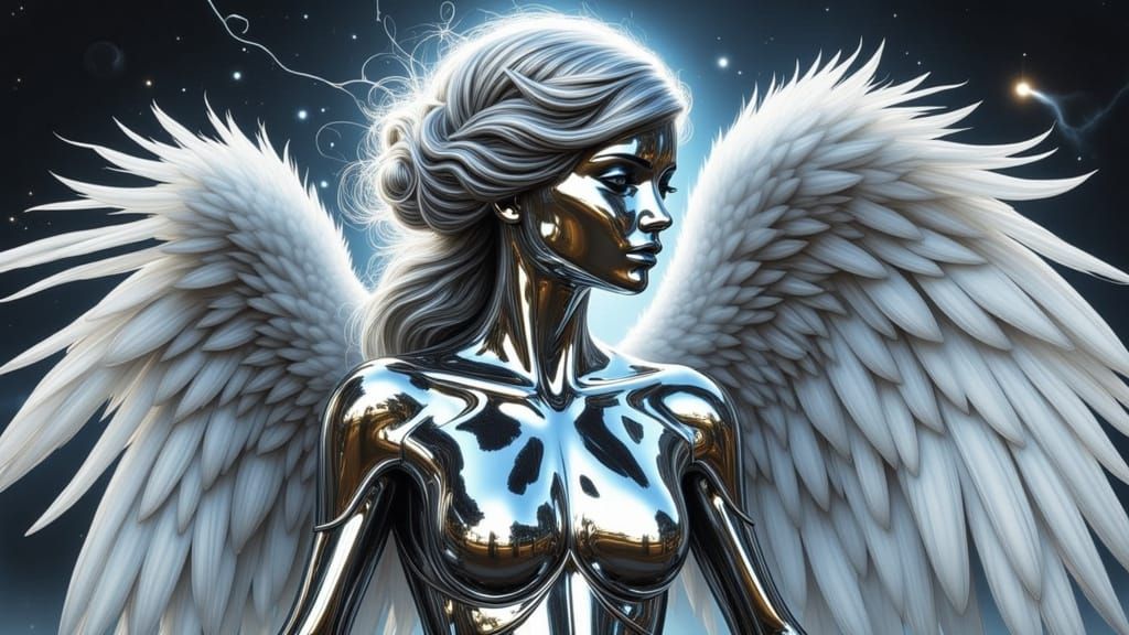 Cyberpunk Chrome Angel in Elegant Synthwave Style