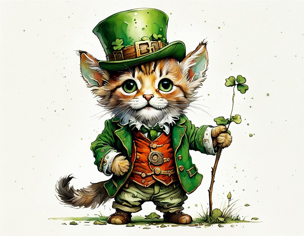 Chibi Cat Leprechaun in Whimsical Style