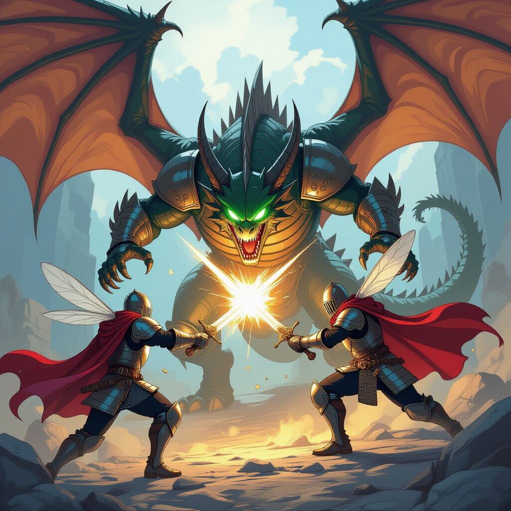Brave Bee Knights Battle Fearsome Dragon in Comic Art Style
