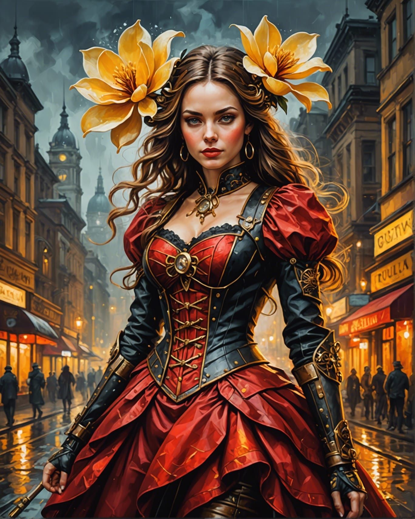 Steampunk Magnolia in Red Dress at Night