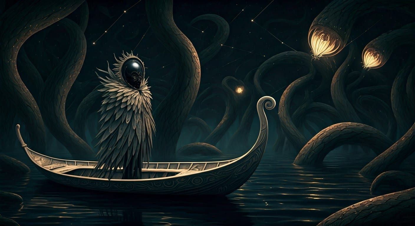 Enigmatic Figure Embarks on Mystical Voyage in a Dreamlike R...