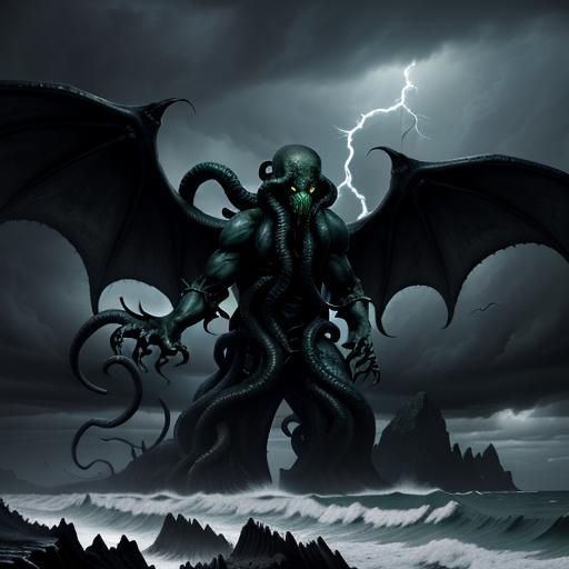 Cthulhu on a Stormy Beach in Gothic Realism