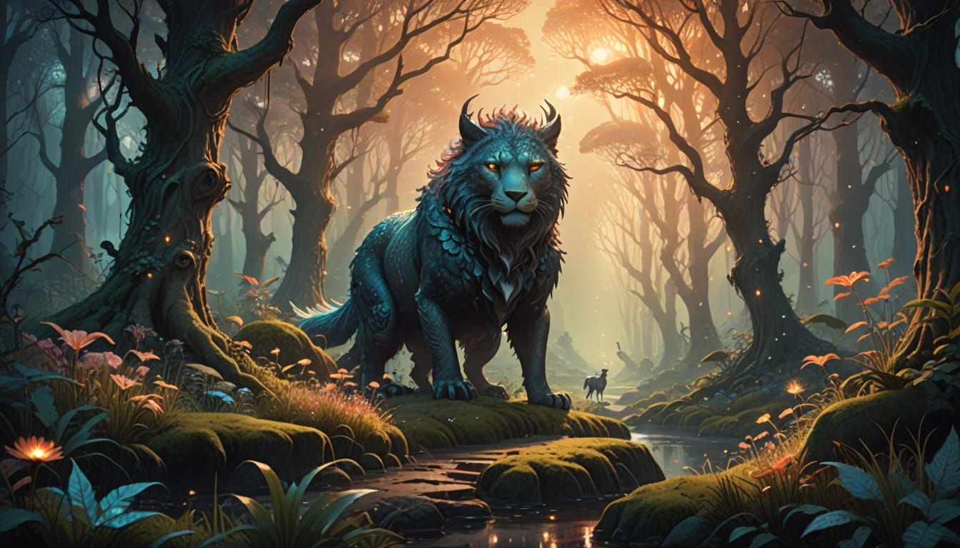 Ethereal Fantasy Forest with Glowing Flora and Mythical Crea...