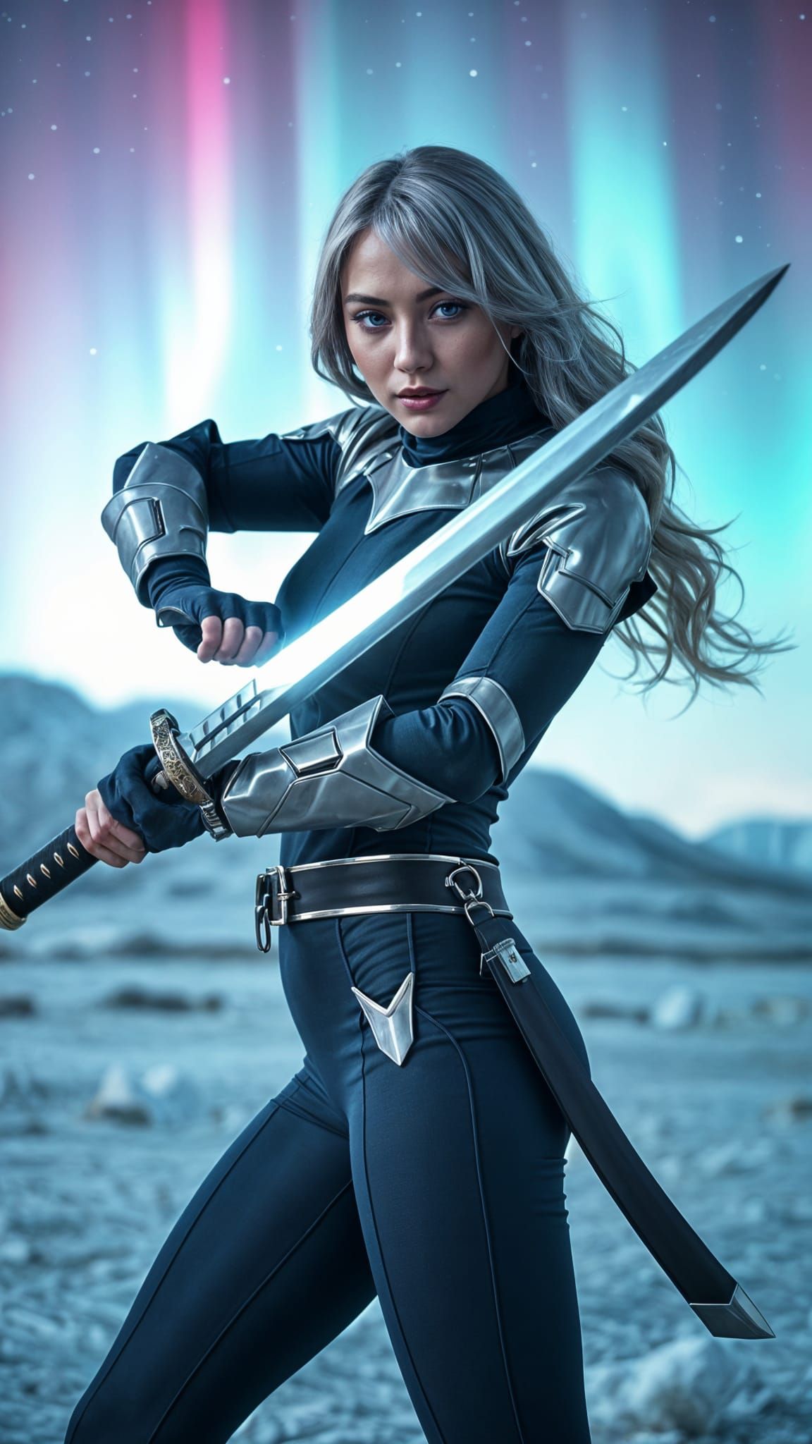 Modern interpretation of Empress Jingũ wielding the Aurora Edge