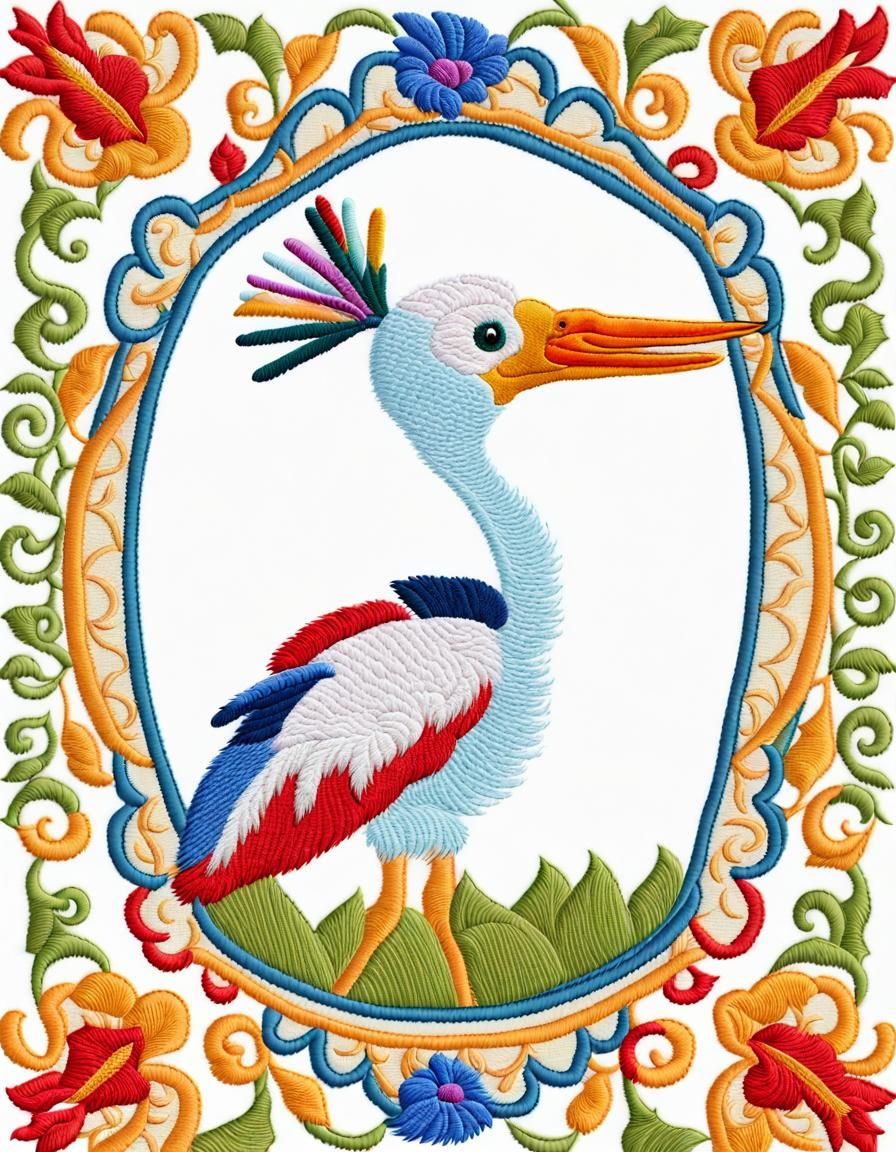 Cute Embroidered Stork Under Bright Blue Sky