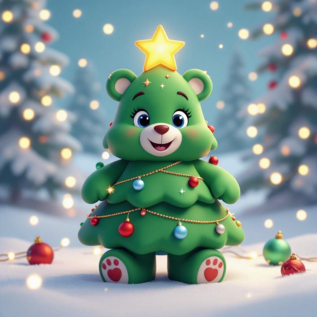 Care Bear as Christmas Tree in Snowy Wonderland