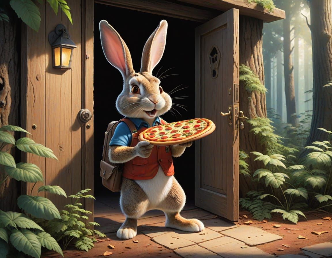 Rabbit Pizza Delivery Boy in Forest