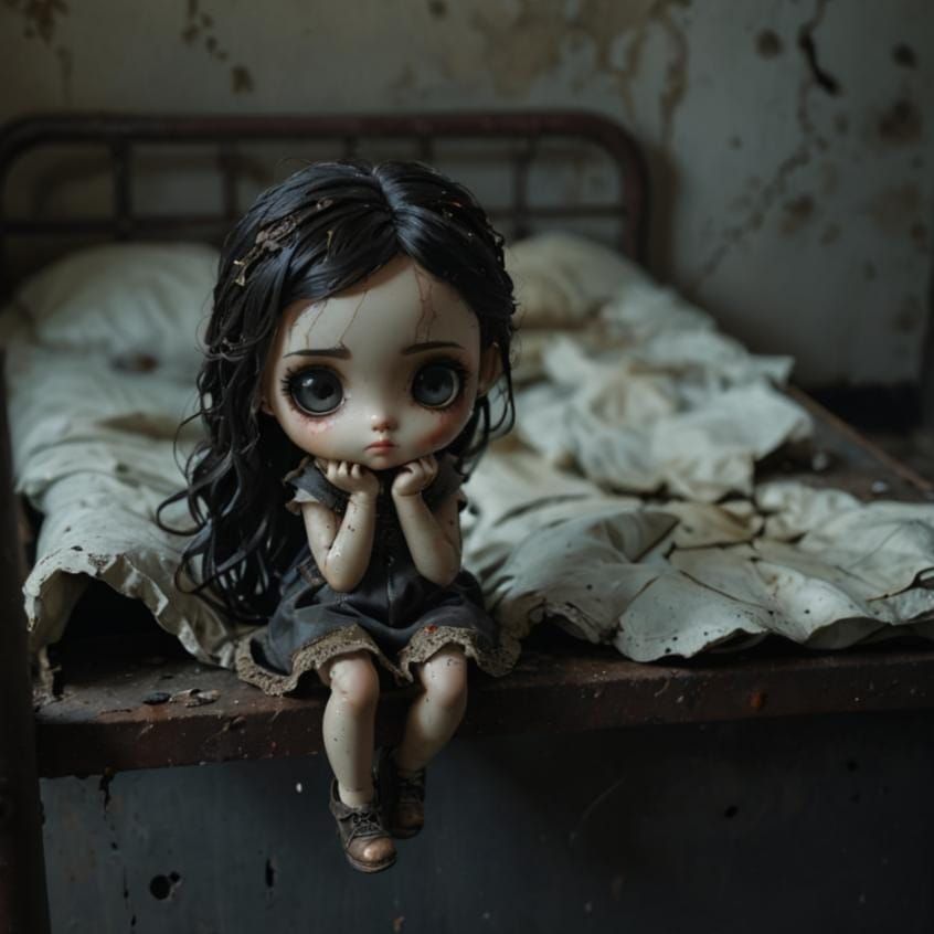 Sad Chibi Doll in Abandoned Room: Digital Painting