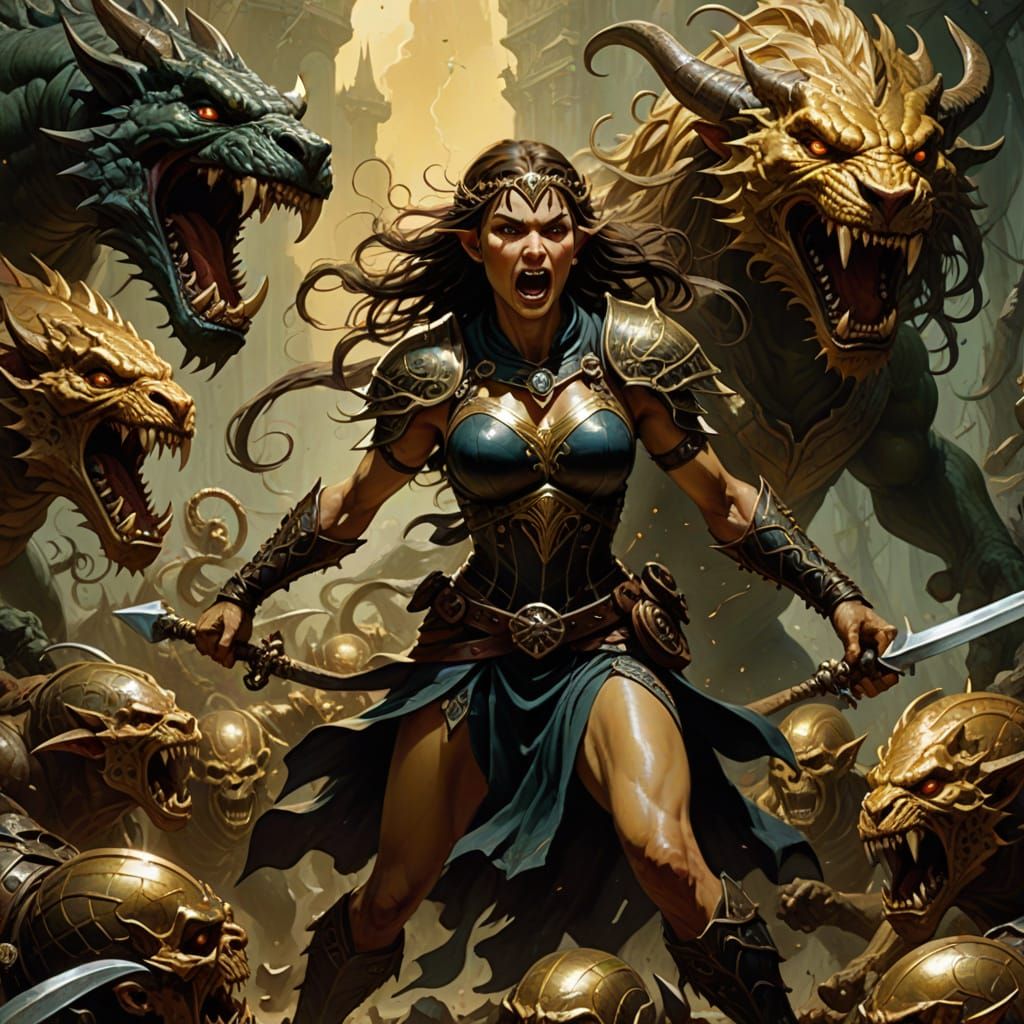 Epic Fantasy Warrior Engages Medusa in Intense Battle