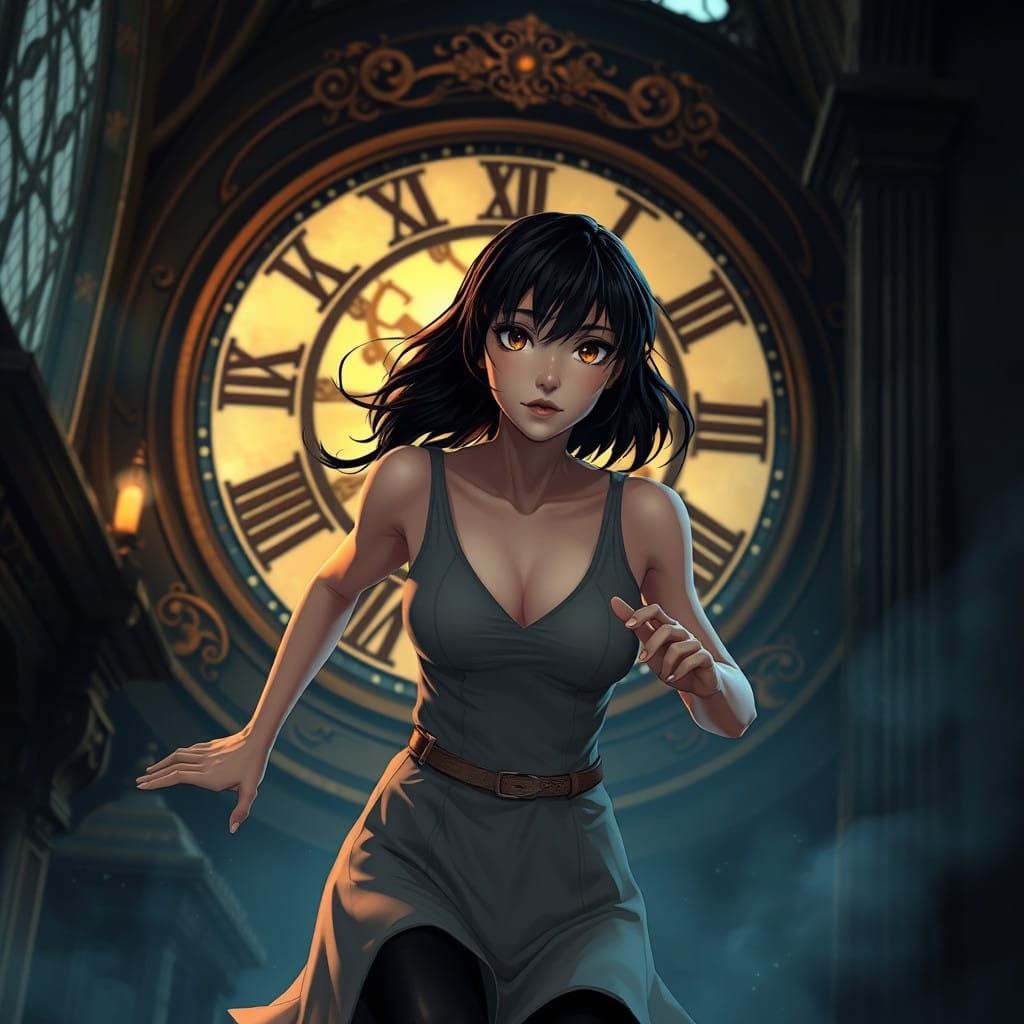 Sprinting Anime Woman in Baroque Clock Tower with Steampunk...