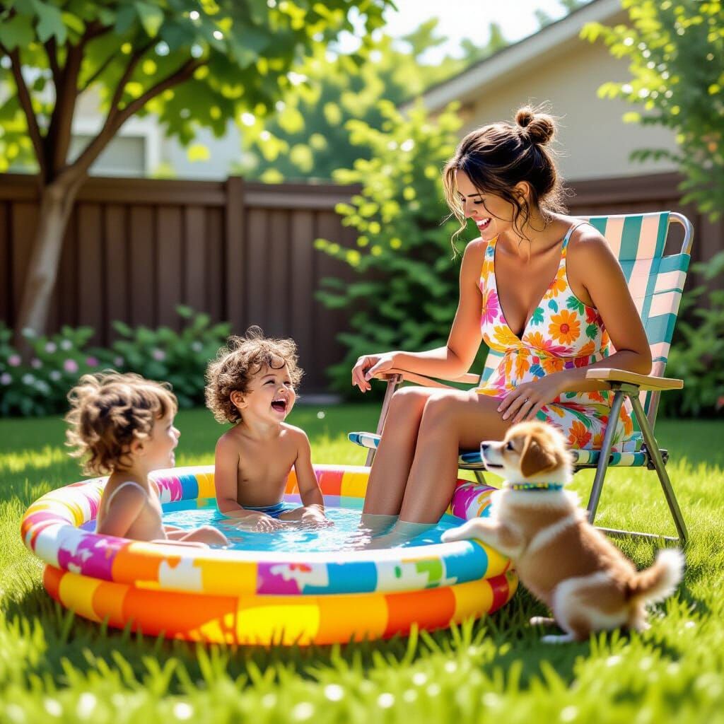 Sunny Backyard Kiddie Pool Scene in Comic Book Style