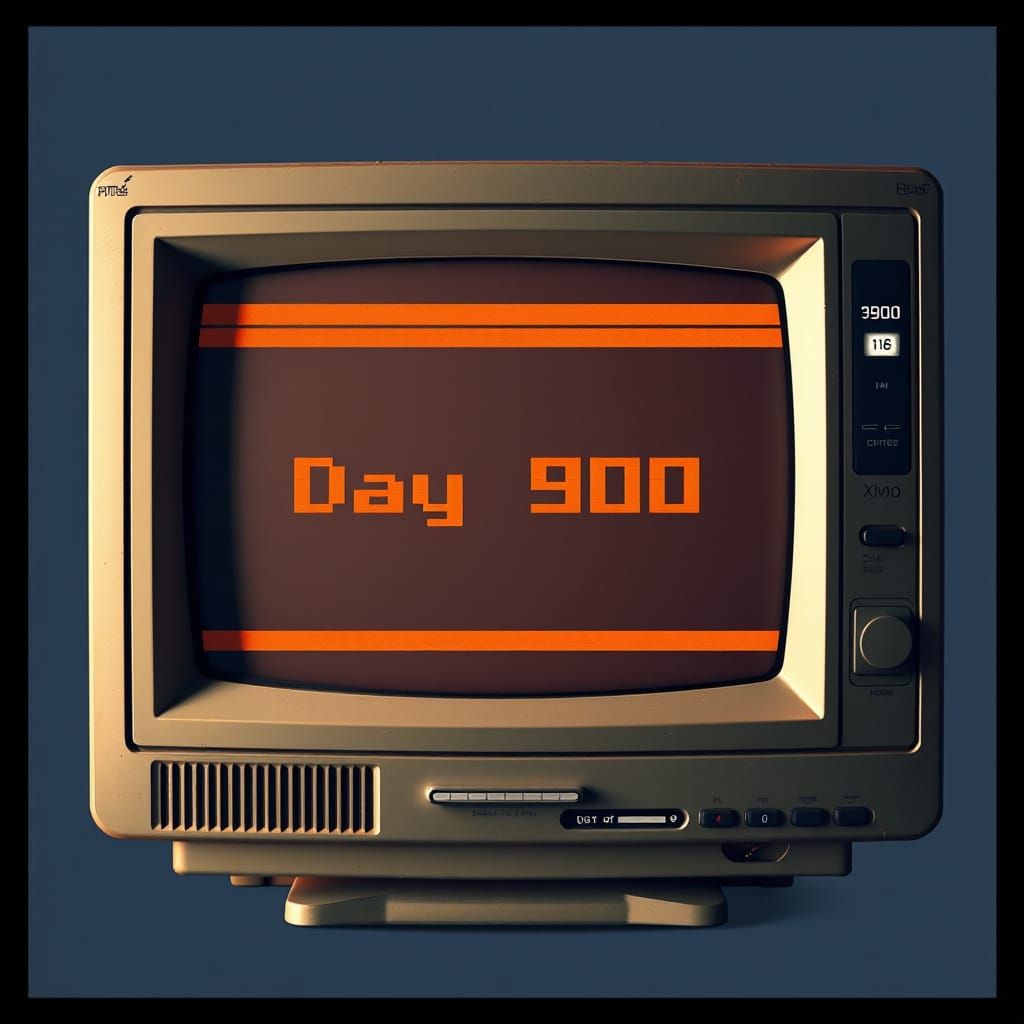 Retro Computer Screen with Day 900 in 8-Bit Graphics