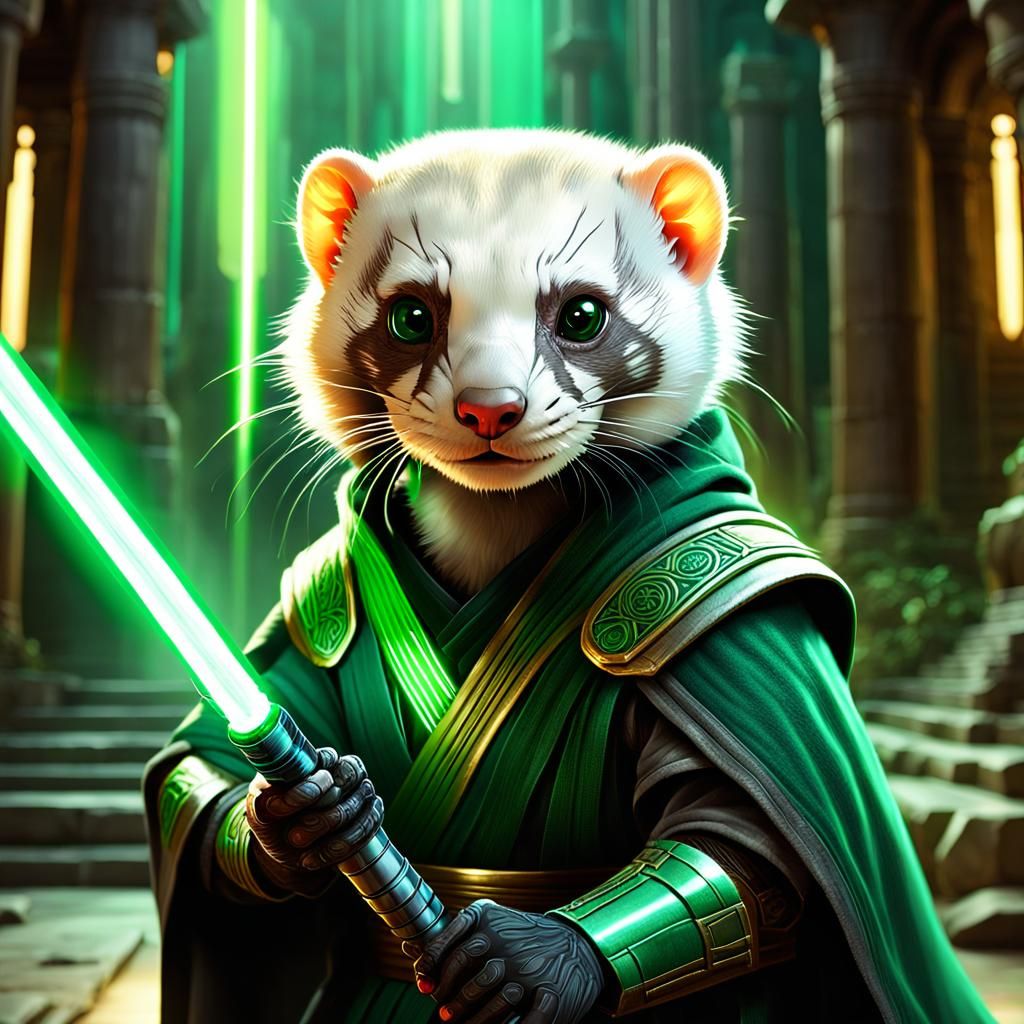 Ferret Jedi Knight in Ancient Temple, 3D Digital Art