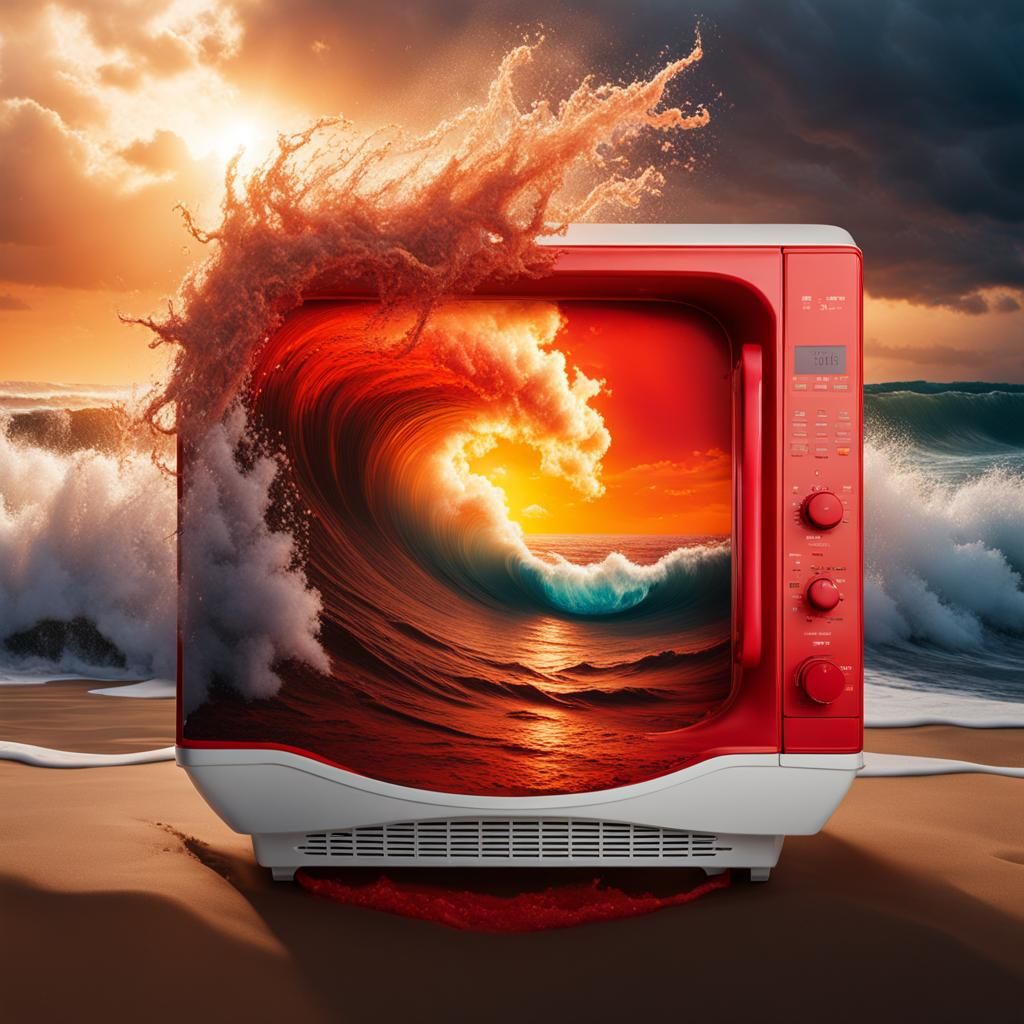 Stormy Sea Inside a Microwave, Hyperrealistic Splash Art