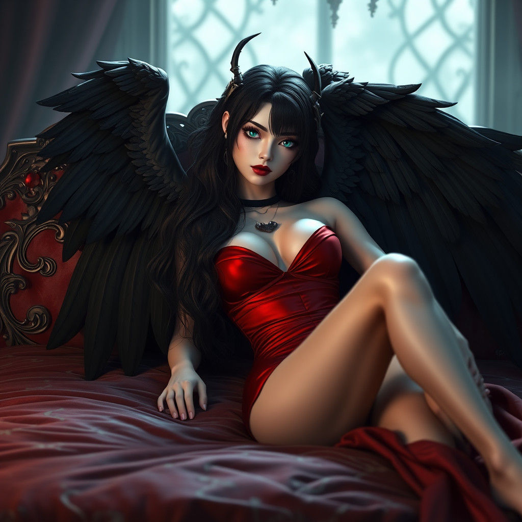 Gothic Angel with Black Wings in Anime Style