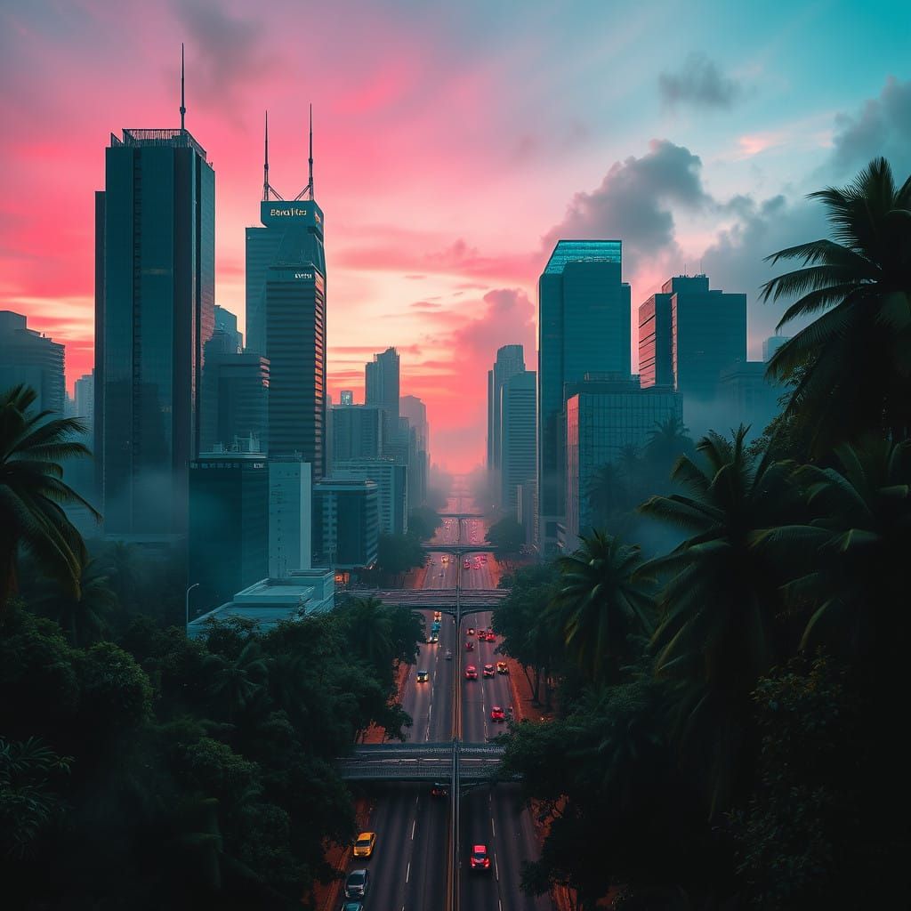 Cyberpunk City Jungle Merges in Neon Light