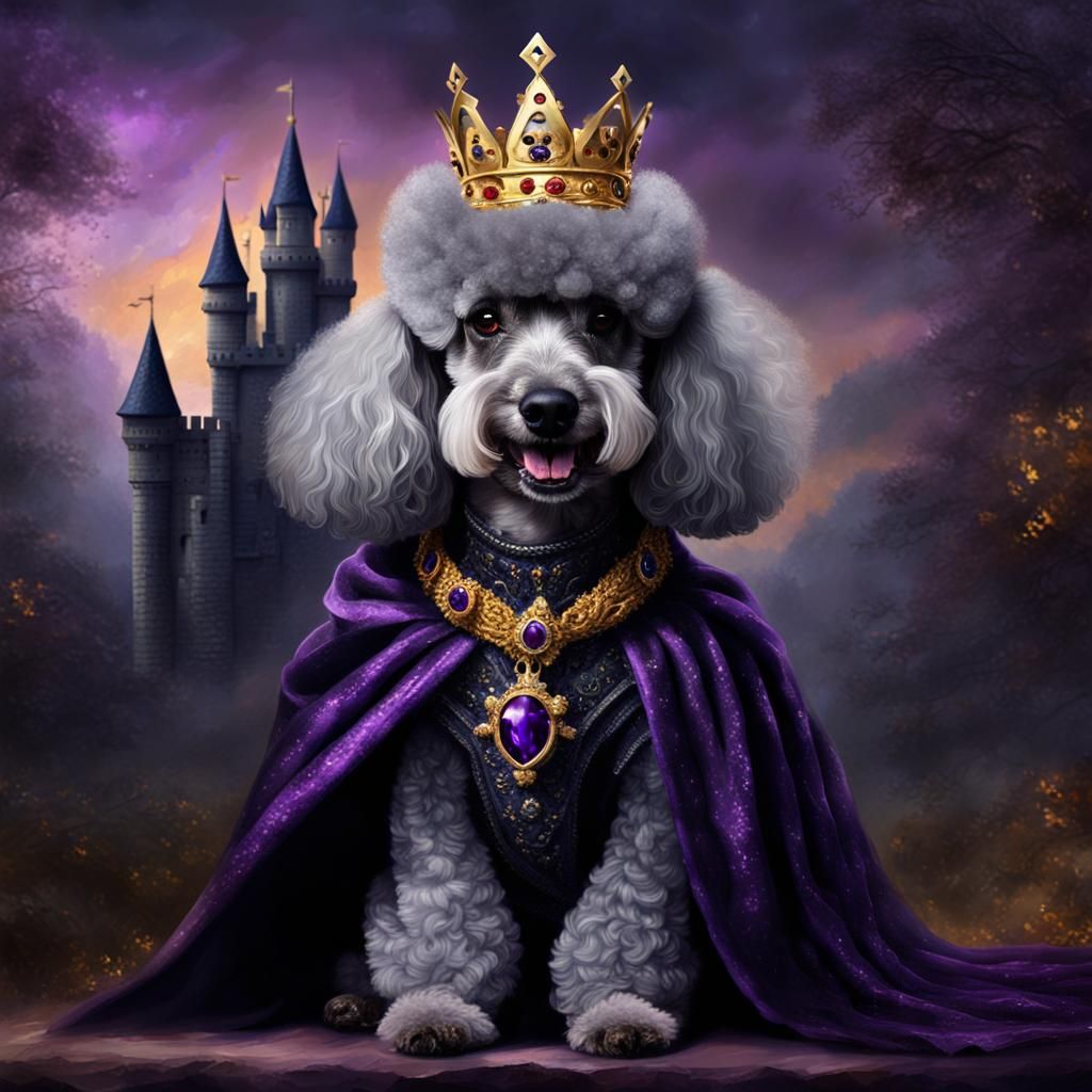 An oil painting portrait of a gray miniature poodle dressed as an evil queen wearing a
dark purple dress and a heavy gol...