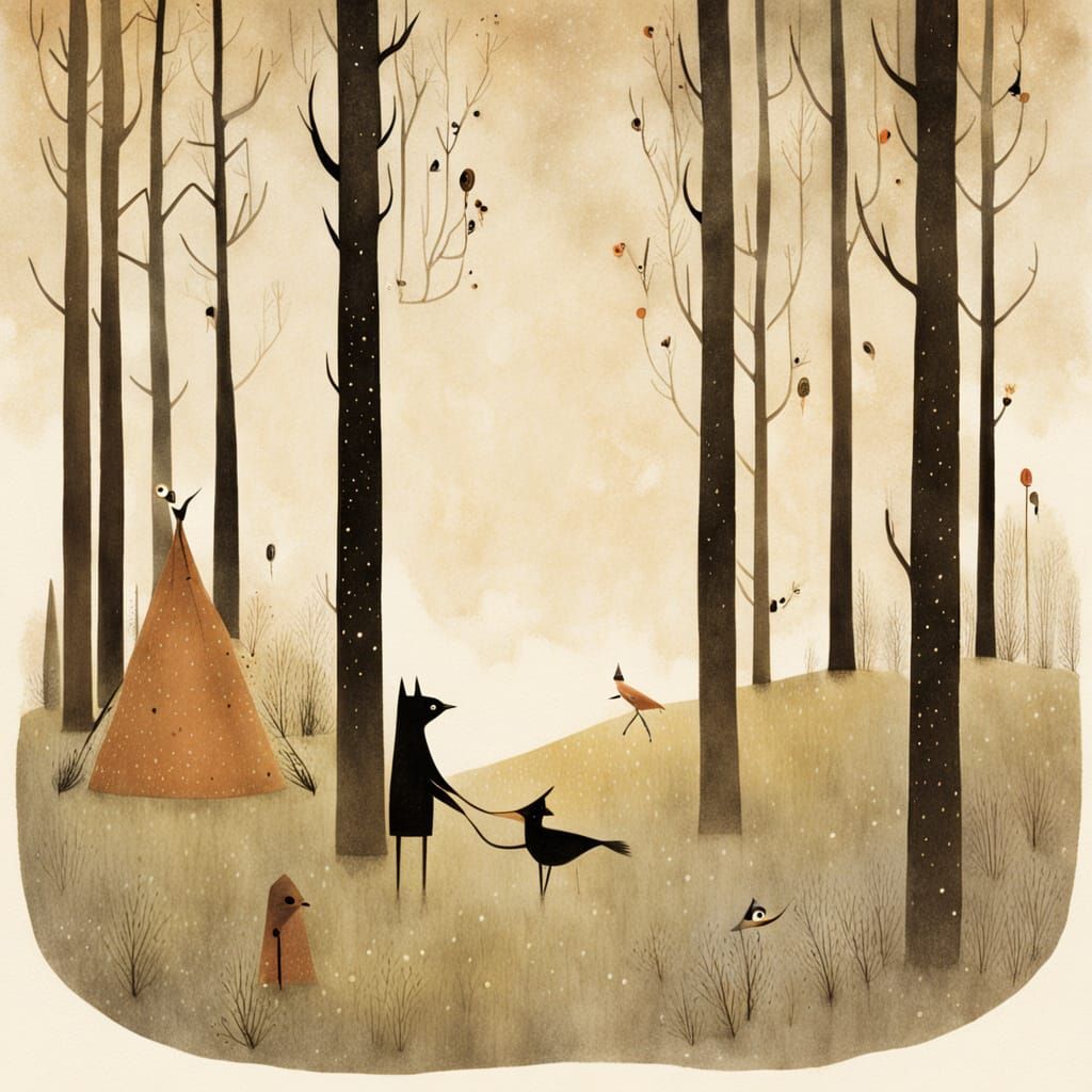 Playful Wanderer in Primitive Children's Book Style