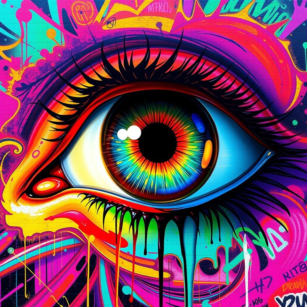 Vibrant Eye in Hyper-Realistic Graffiti Style