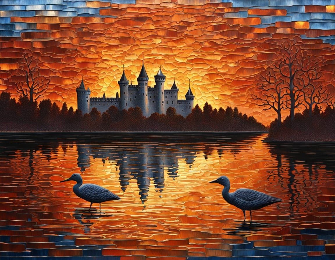 Textured Metal Forest Lake Sunrise with Castle