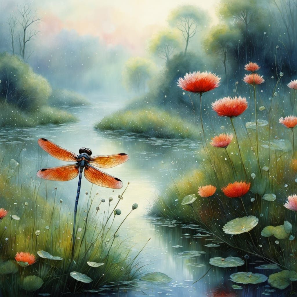 Whimsical Dragonfly on Morning Dew-Covered Broomstick