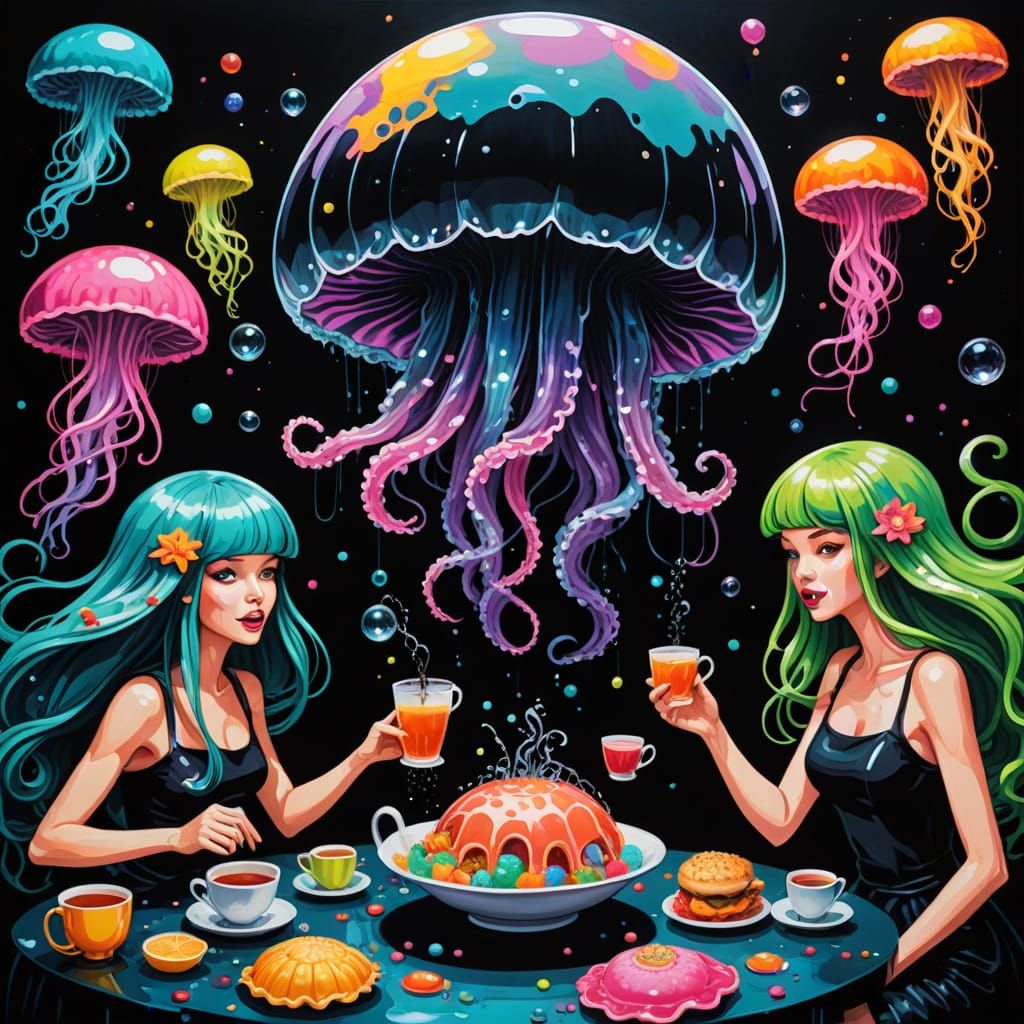 Jellyfish Tea Party in Pop-Art Graffiti Style