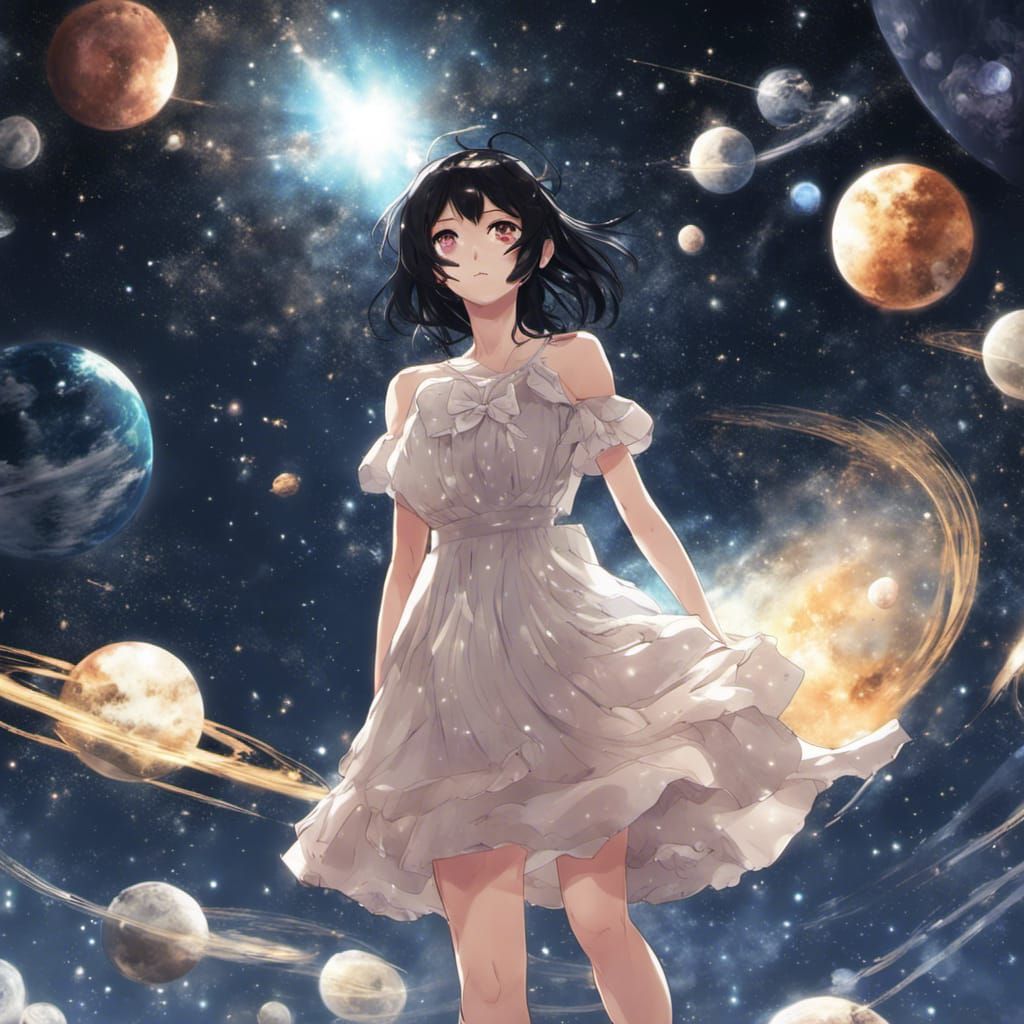 Woman in Starry Dress at Planetarium, Anime Style
