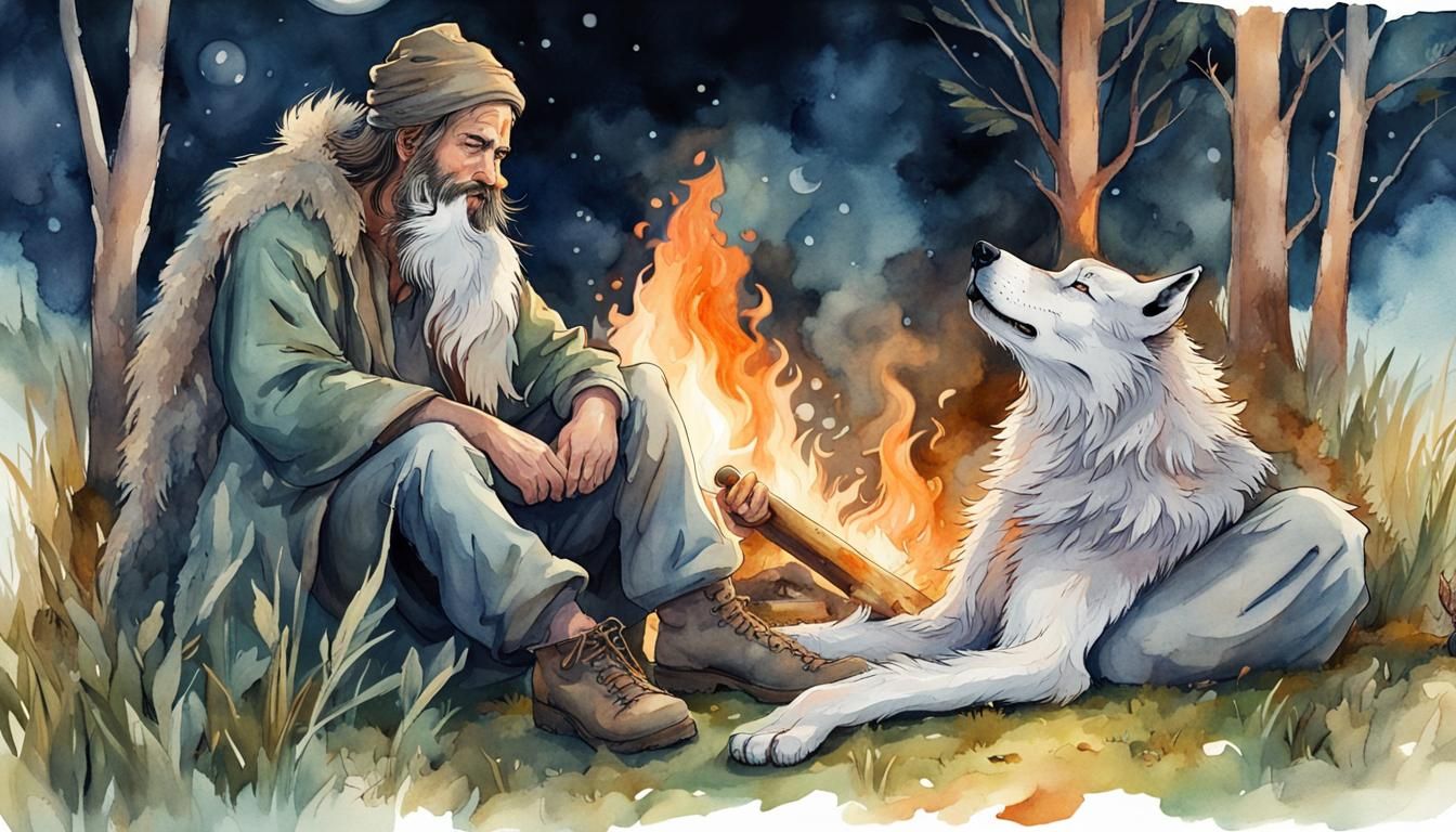 Druid and Wolf Resting by Bonfire in Watercolor