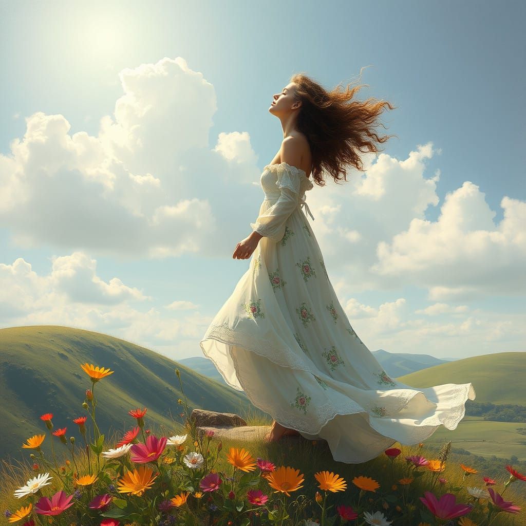 Whimsical Woman Embracing Ethereal Wonder on a Rolling Hill