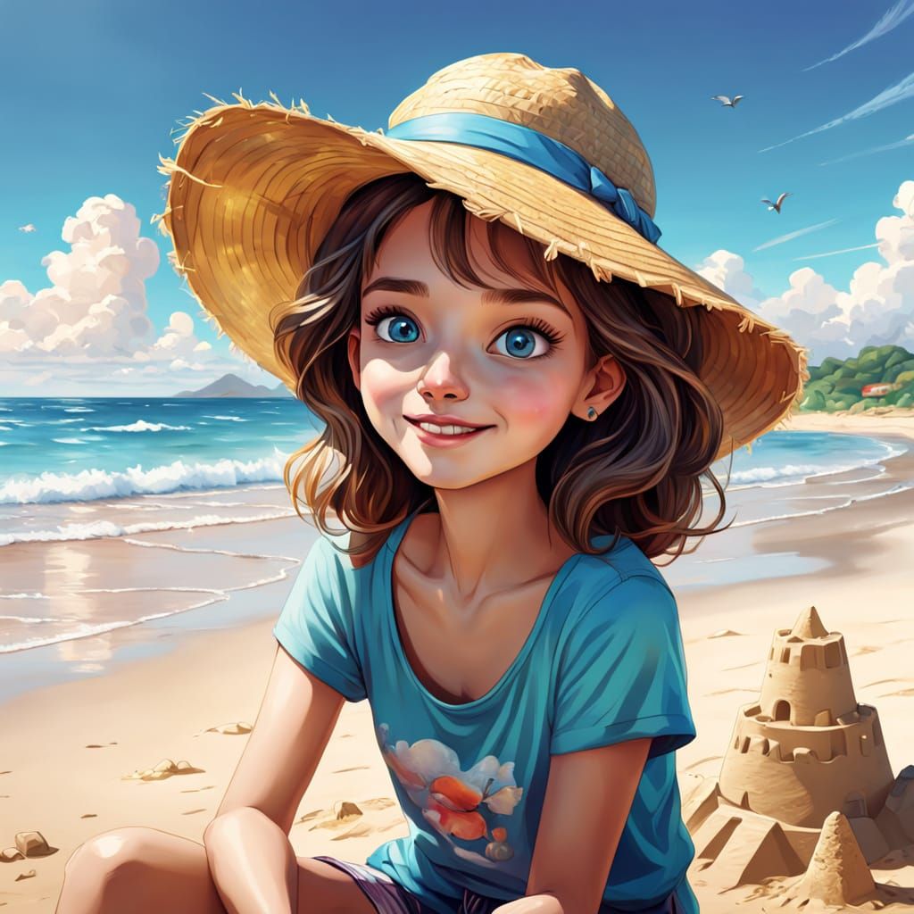 Cartoon-Style Girl on Sunny Beach in Digital Art