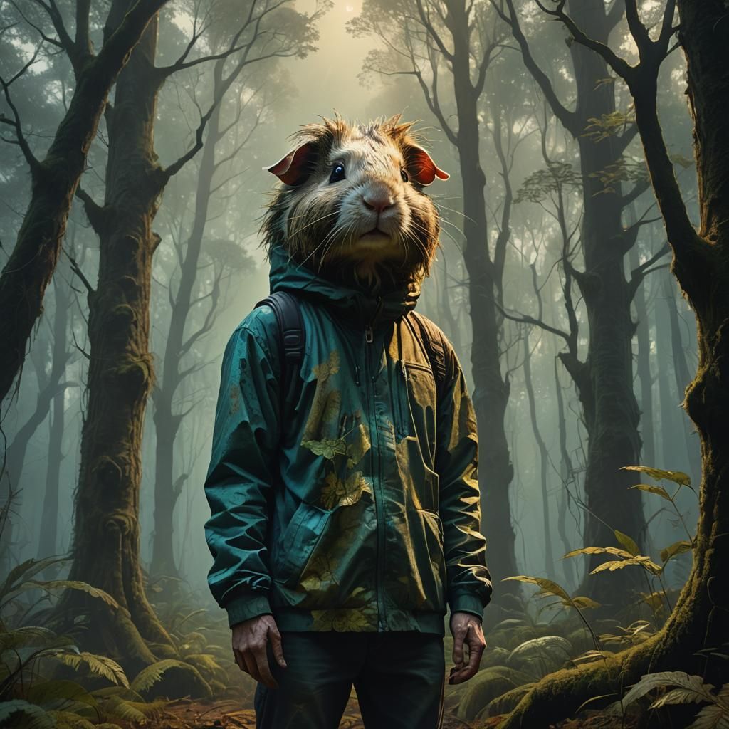 Guinea Pig Humanoid in Mystical Forest: Digital Art