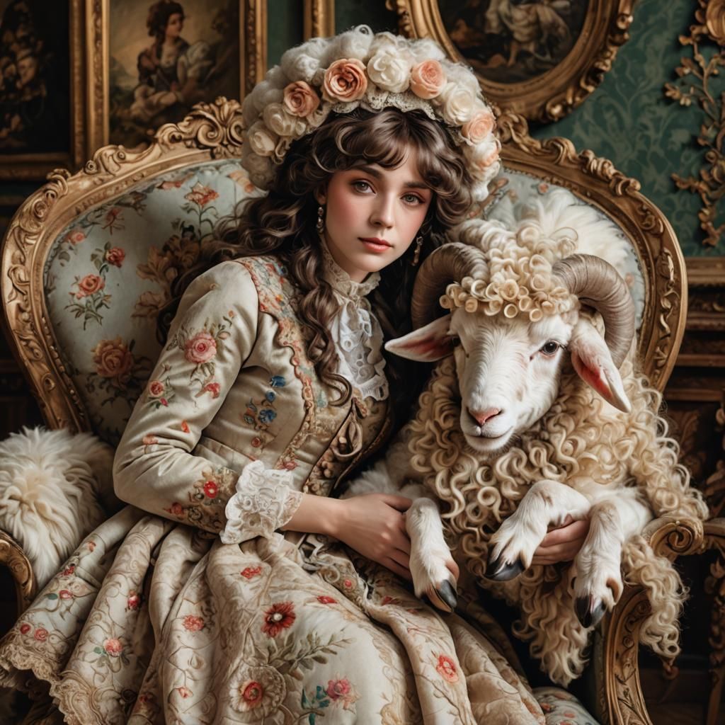 Victorian Woman with Lamb in Rococo Lounge