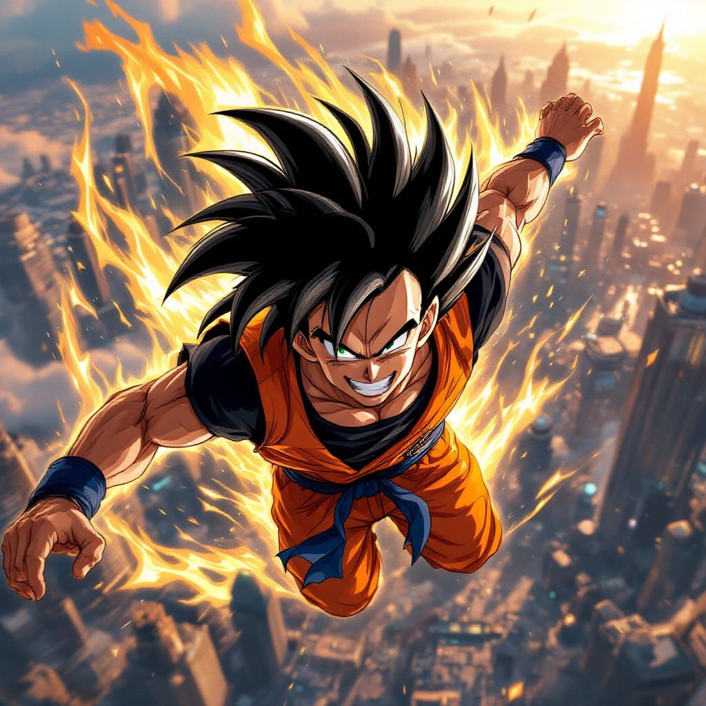 Saiyan Warrior Flying Over Futuristic City in Anime Style