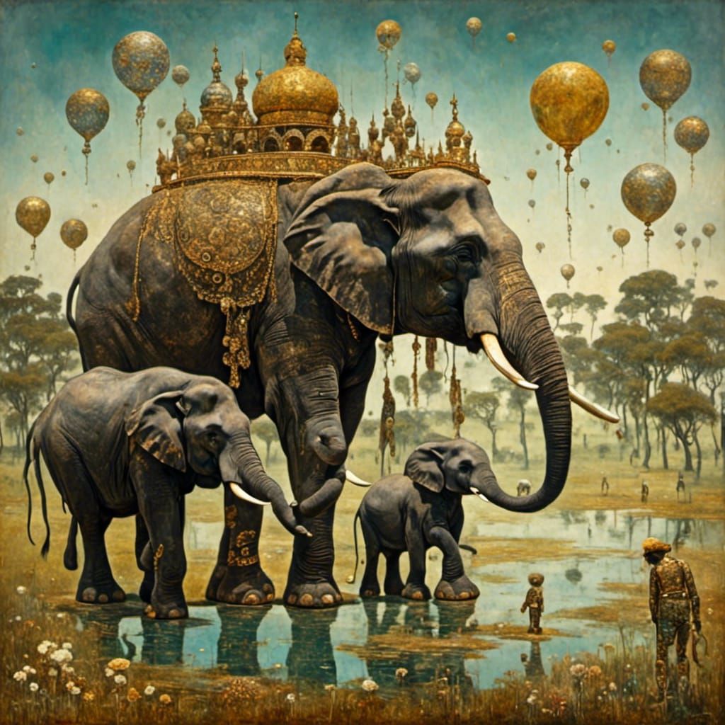 Surreal 3D African Savannah Landscape with Elephants