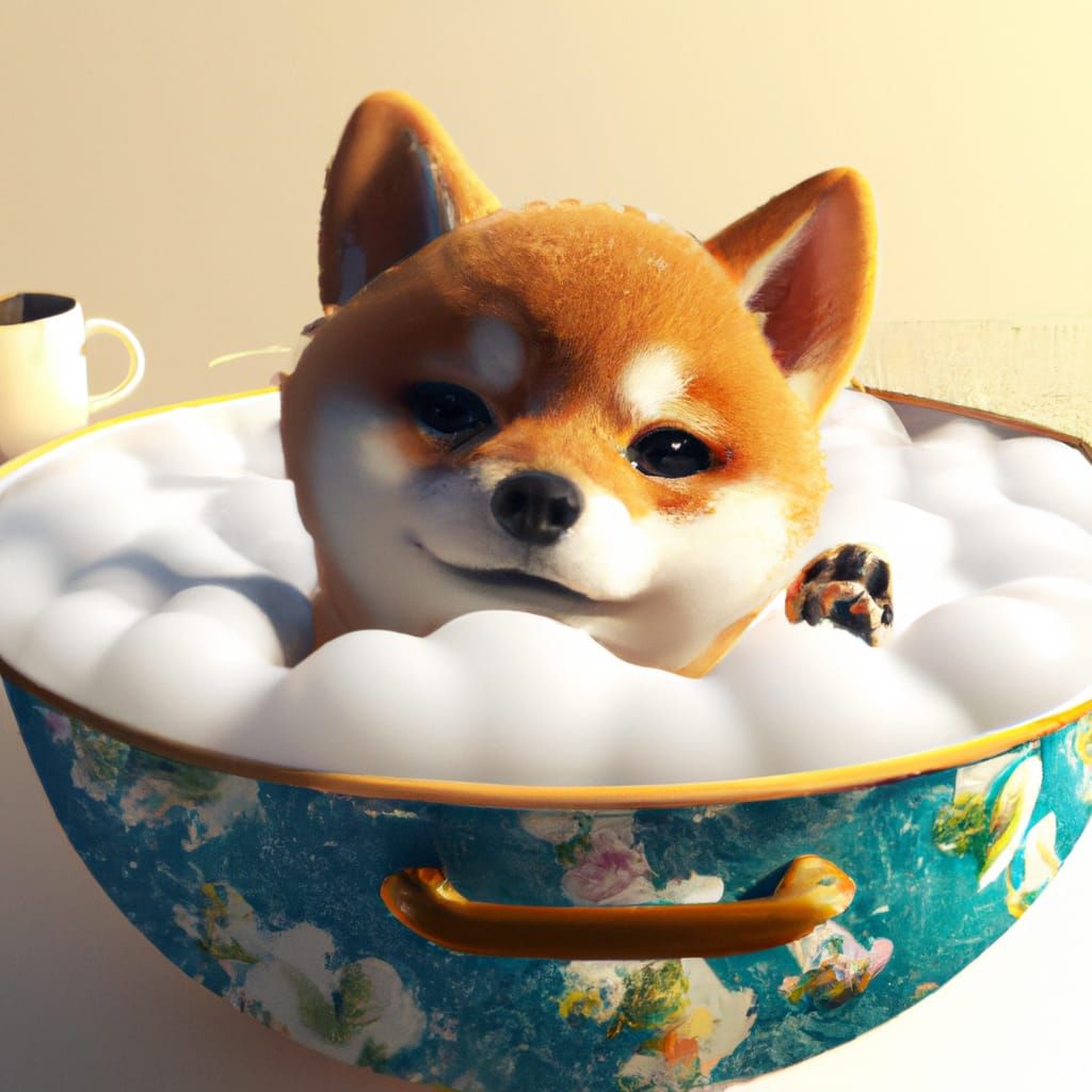 Chibi Shiba Inu in Teacup Bathtub: Digital Illustration
