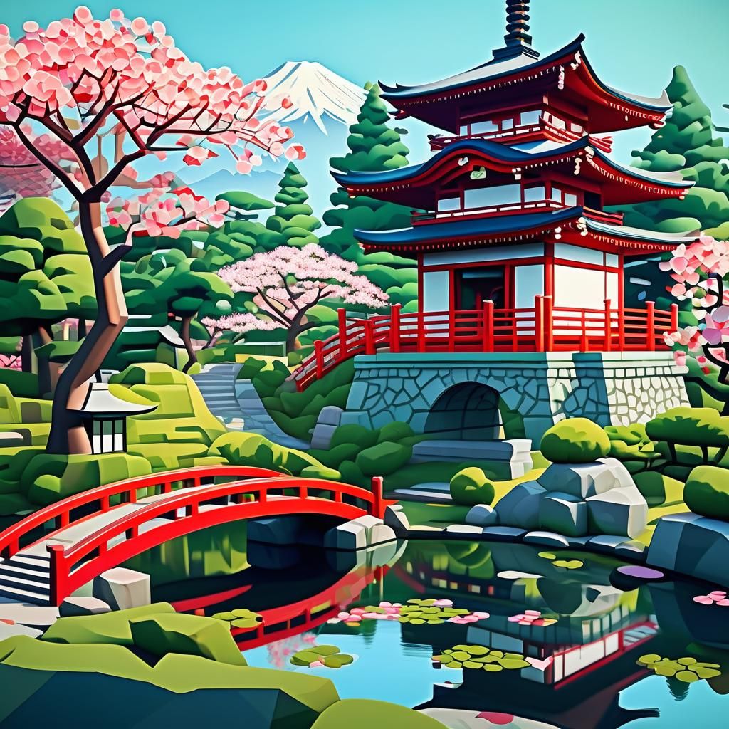 Japanese Garden with Pagoda in Cubist Style