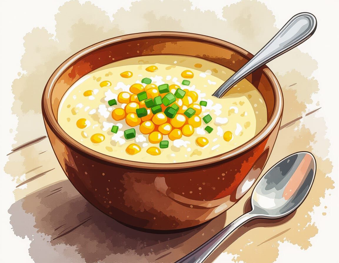 Creamy Corn Soup in Watercolor Splash Art Style