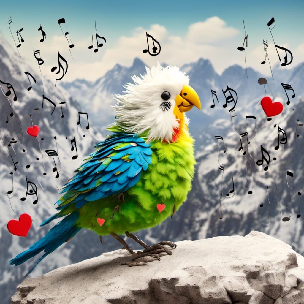 Whimsical fluffy parakeet bird singing a loud song on top of a mountain