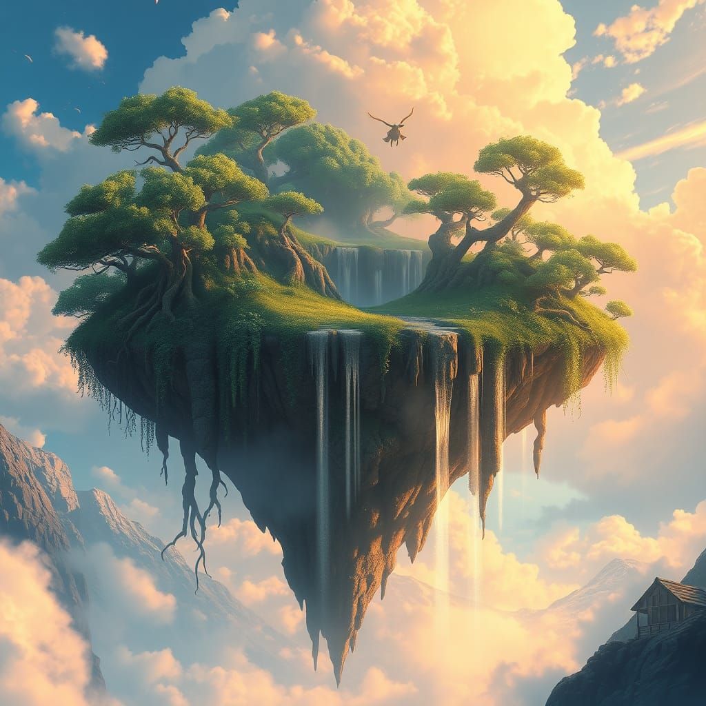 Floating Island Waterfalls in Ghibli Anime Style