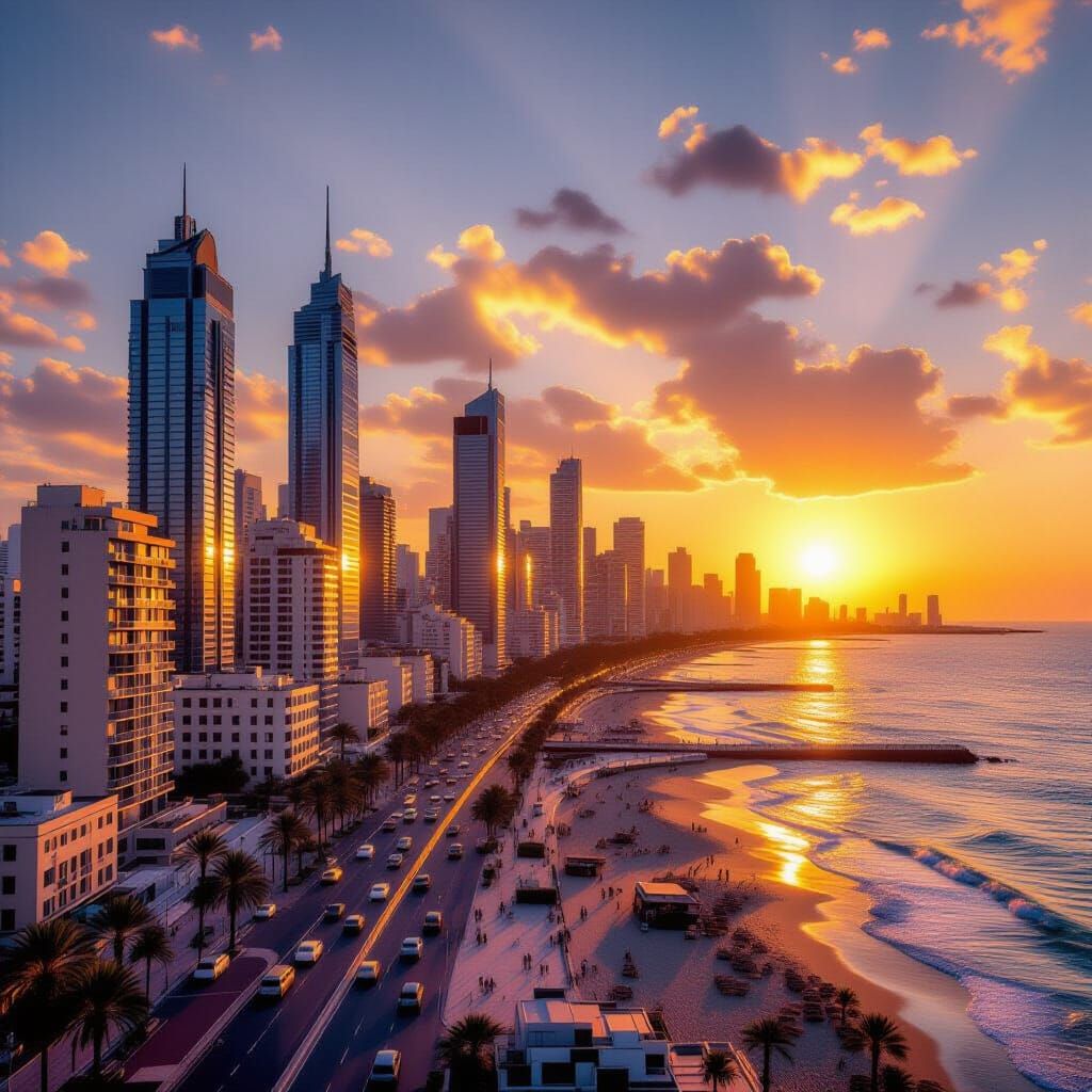 Tel Aviv Cityscape at Sunset in Photorealistic Style