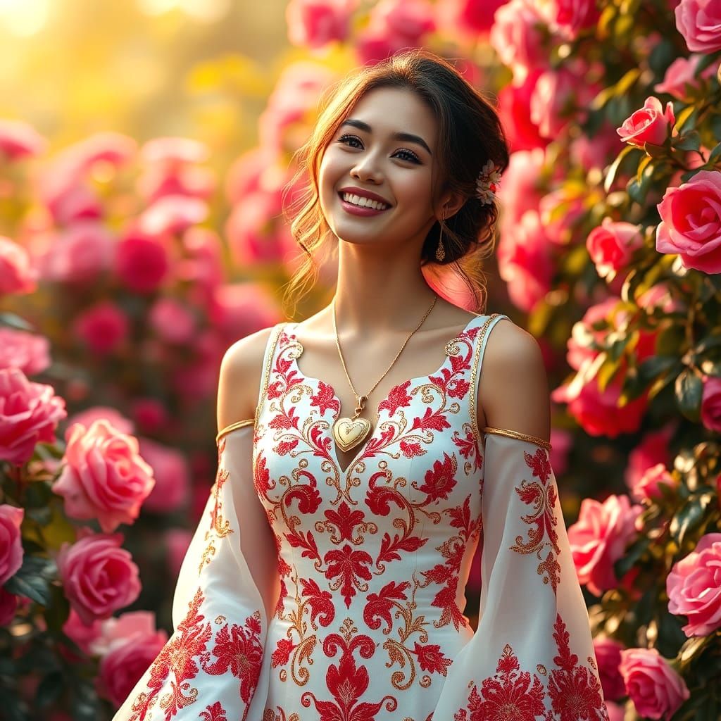 Woman in Red Dress Smiling in Garden