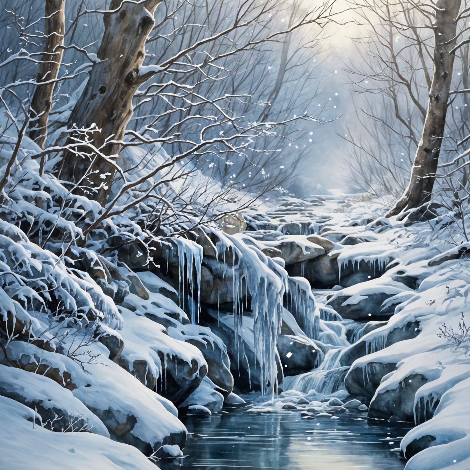 Winter Mountain Stream Watercolour Painting